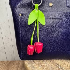 Leather Dark Pink Tulip Purse Charm Genuine Leather Pink Flower Bag Charm NEW